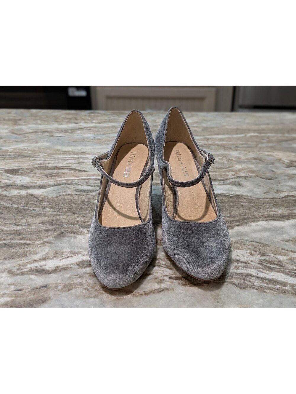 Chelsea Crew Size 10 Silver Felt Mary Jane Heels